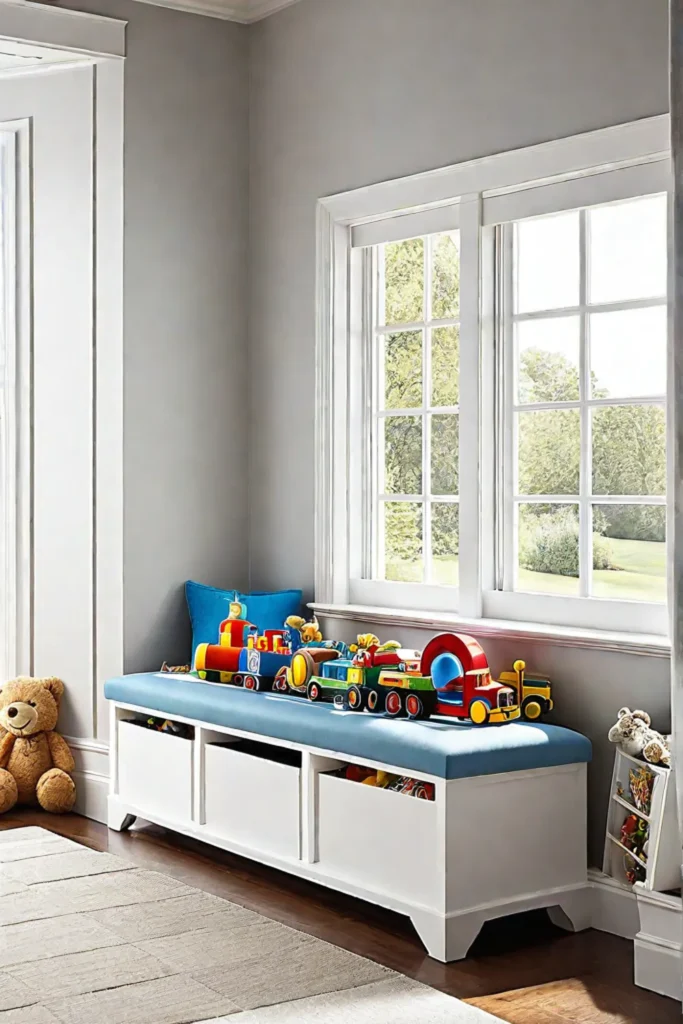 Organized playroom with window seat storage for toys