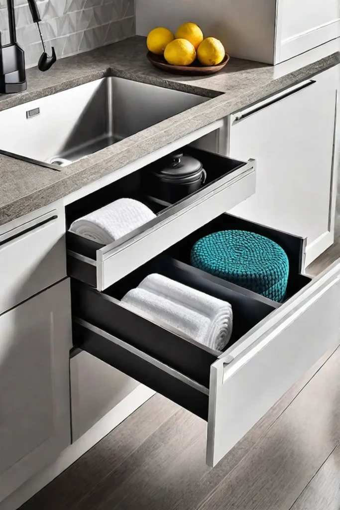 Organized undersink storage in a farmhouse kitchen with tiered organizers