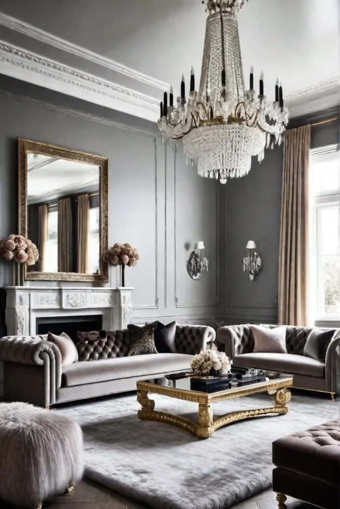 Ornate mirror and sparkling chandelier in a glam living room