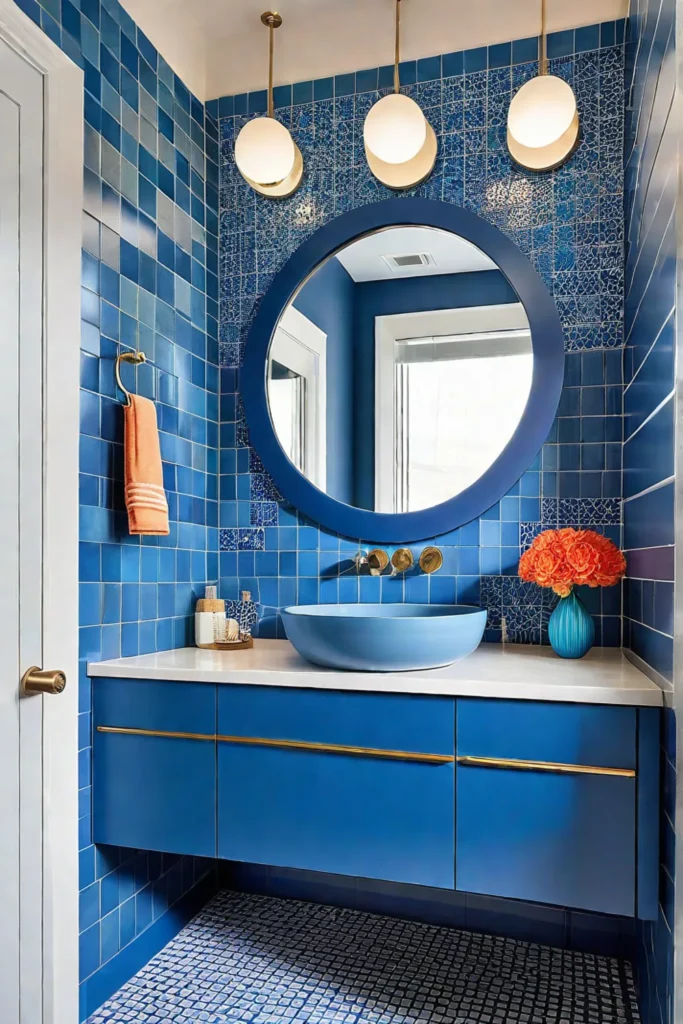 Playful and vibrant bathroom design with a painted vanity and mosaic tile accents