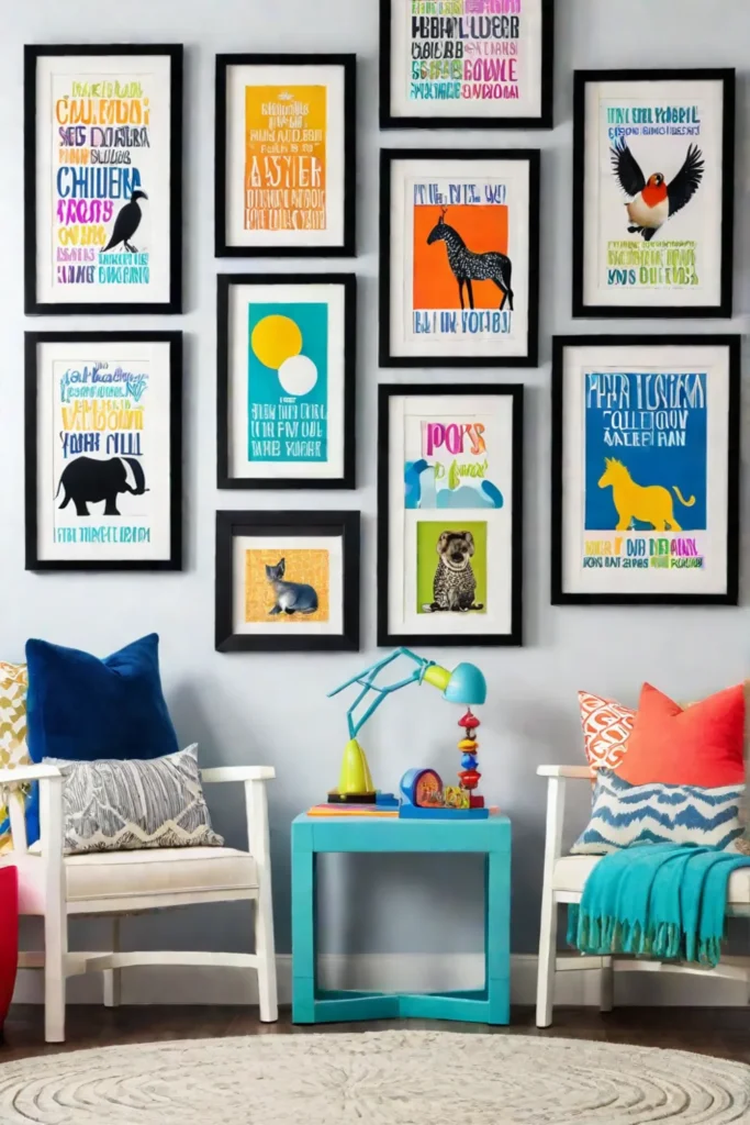 Playroom gallery wall with childrens artwork and animal prints