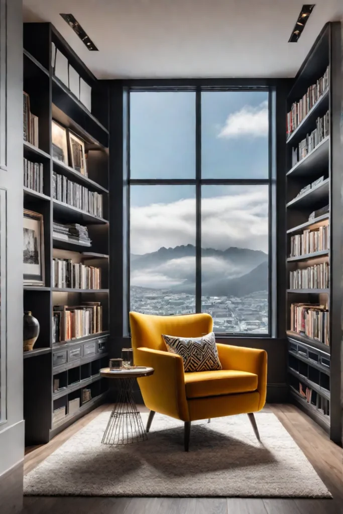 Reading nook with window seat and bookshelves