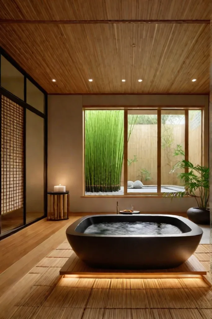 Relaxing bathroom with bamboo accents and natural view