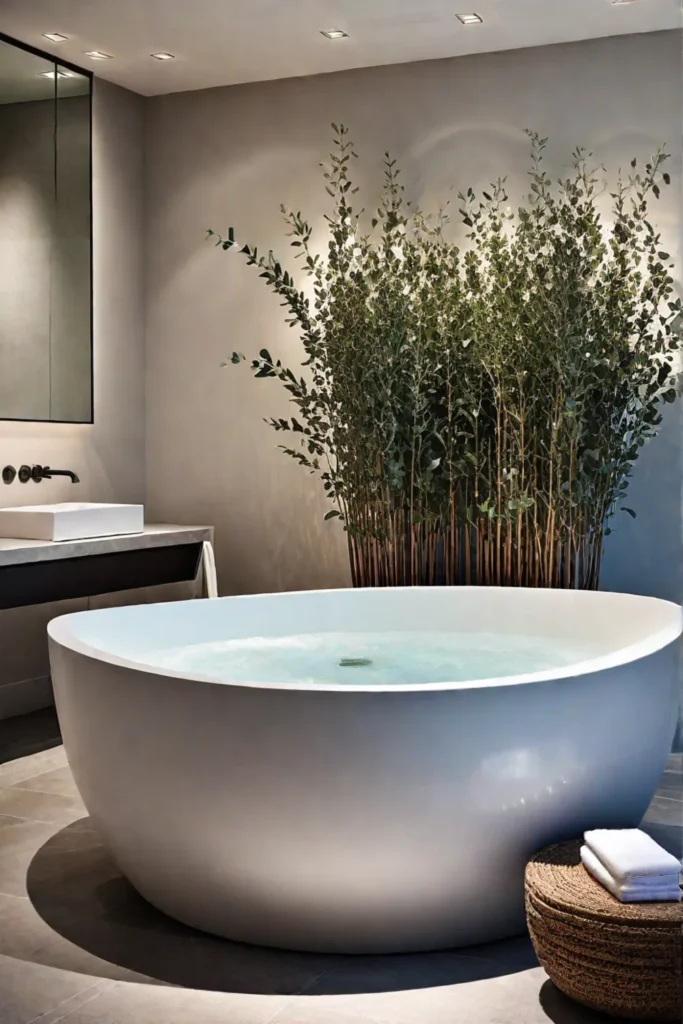 Relaxing bathroom with soaking tub and eucalyptus