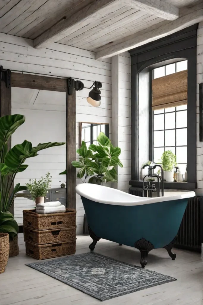 Rustic bathroom with clawfoot tub and plants