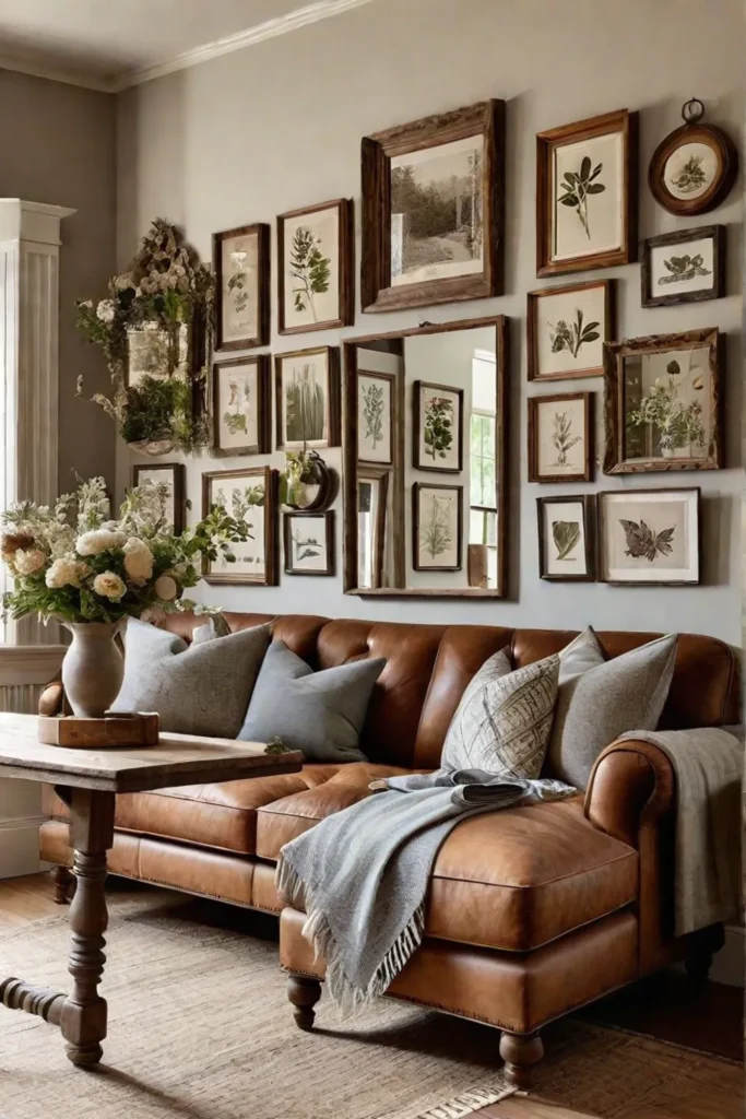 Rustic gallery wall with antique mirrors and botanical illustrations
