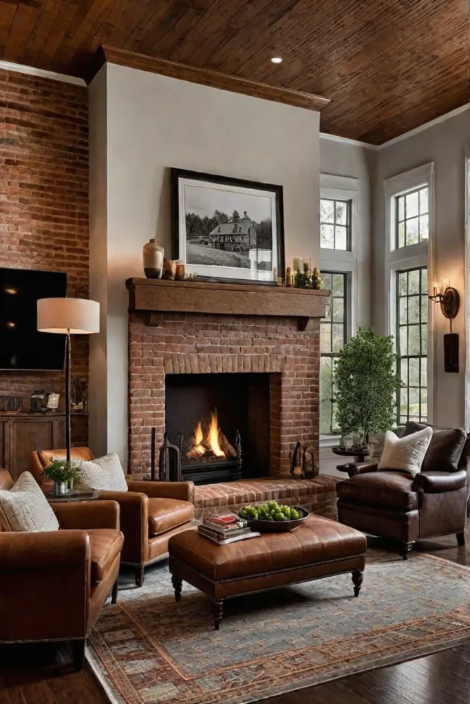 Rustic living room with brick fireplace and comfortable seating