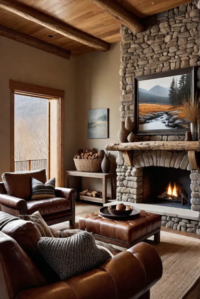 Rustic living room with exposed beams and a stone fireplace