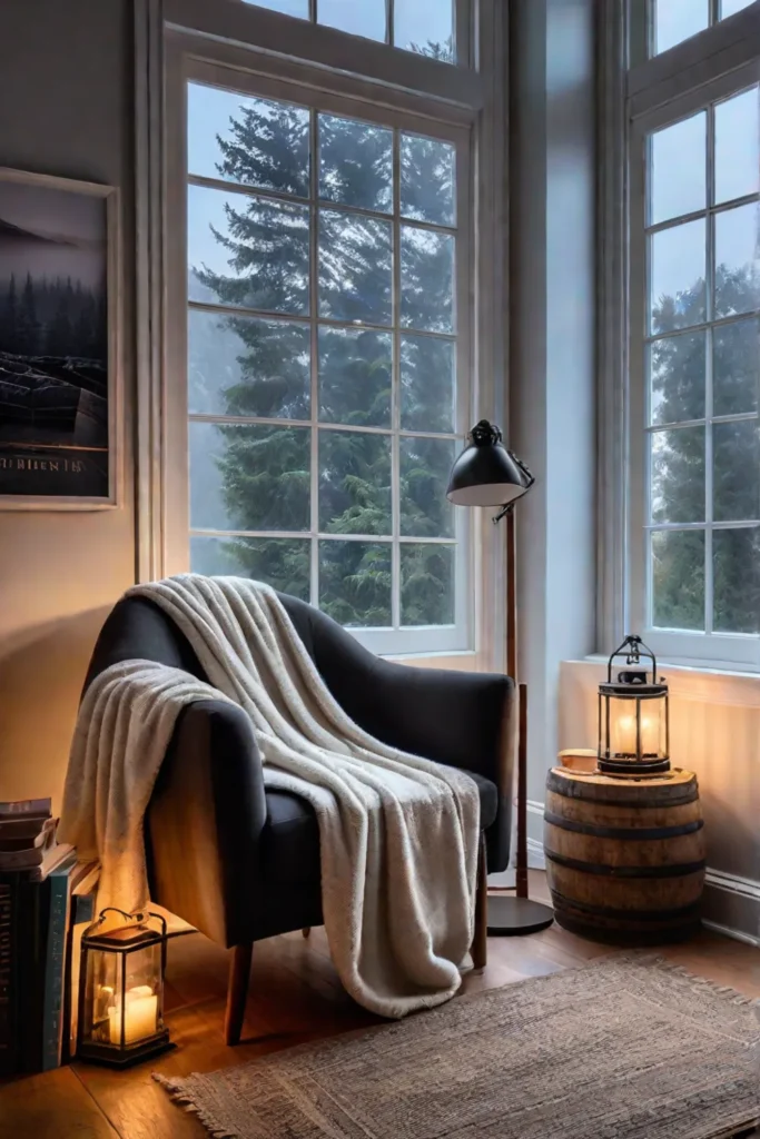 Rustic reading nook with fairy lights