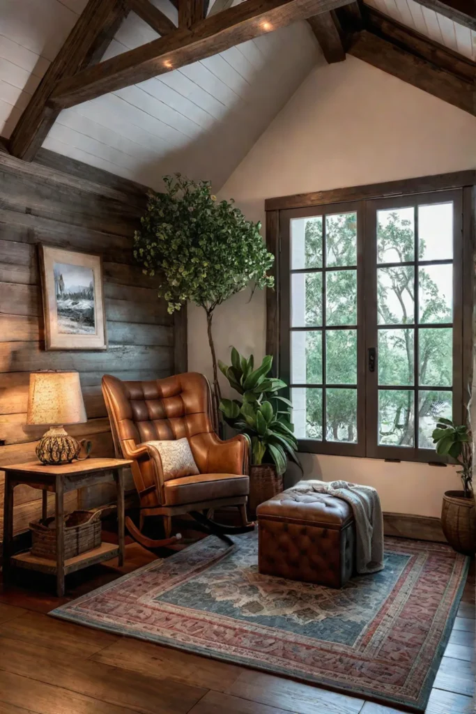 Rustic reading nook with rocking chair