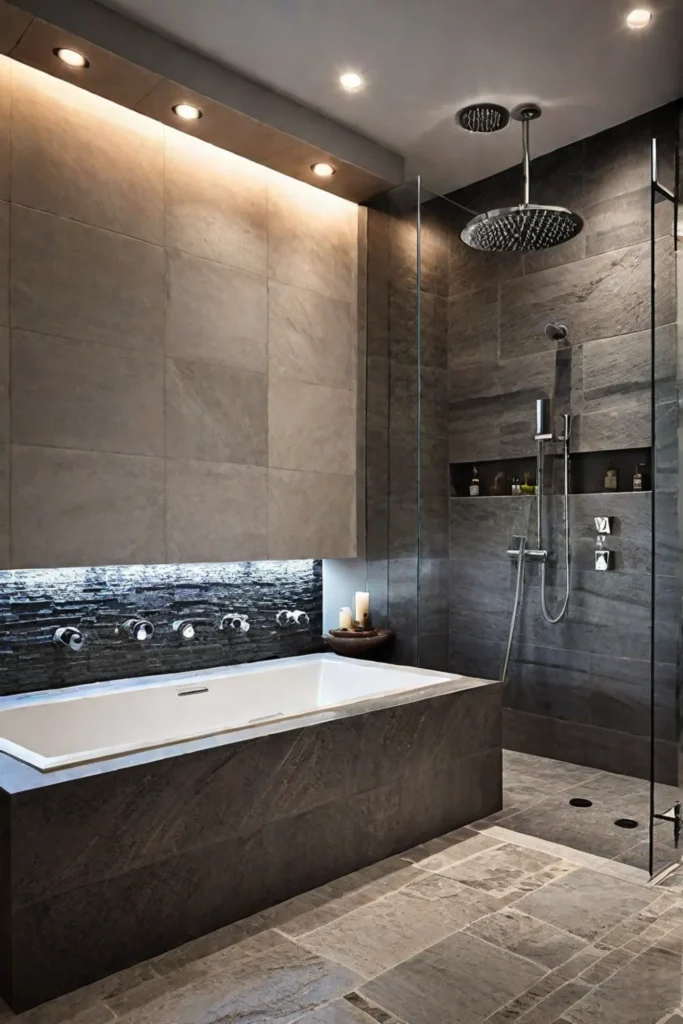 Serene bathroom with ambient lighting and textured tiles