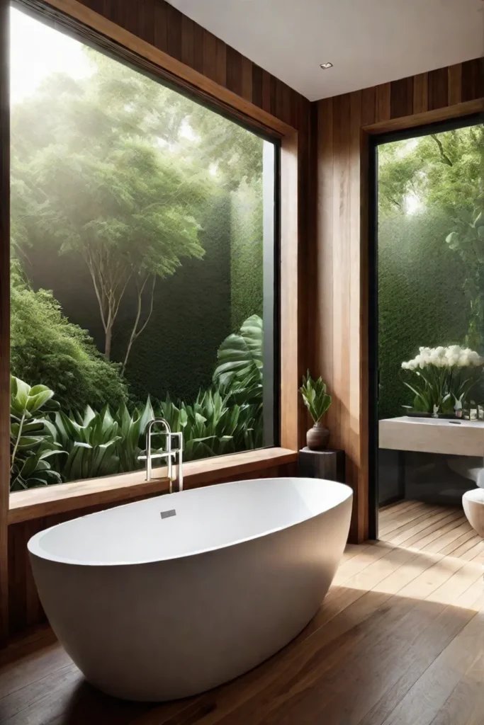 Serene bathroom with natural wood and lush garden