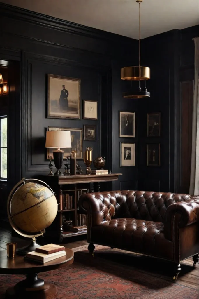Sophisticated living room with dark wood paneling and Chesterfield sofa