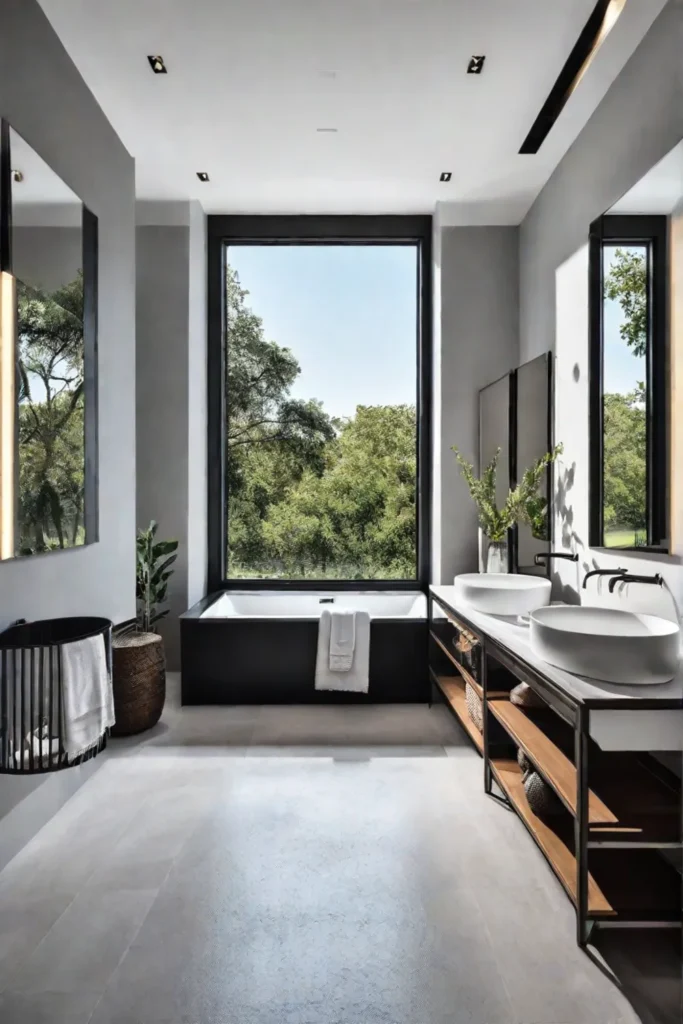 Spacious bathroom design with mirrors for light reflection