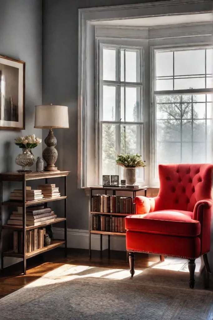 Sunlit reading corner with vintage accents