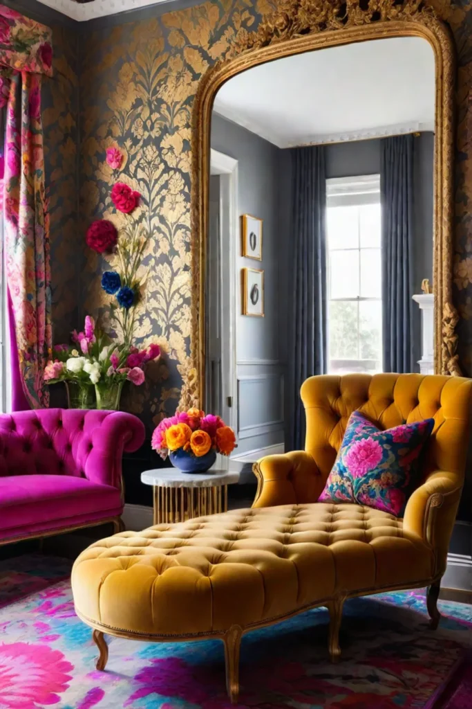 Textured wallpaper living room with floral pattern and chaise lounge