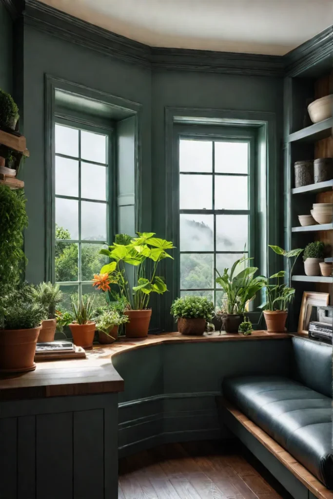 Thriving plant display utilizing natural light in a window seat