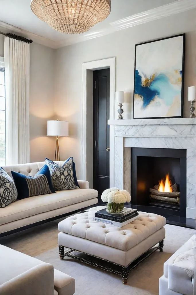 Transitional living room with classic fireplace and modern artwork