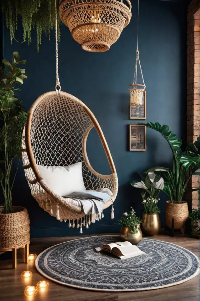 Whimsical reading corner with macrame chair