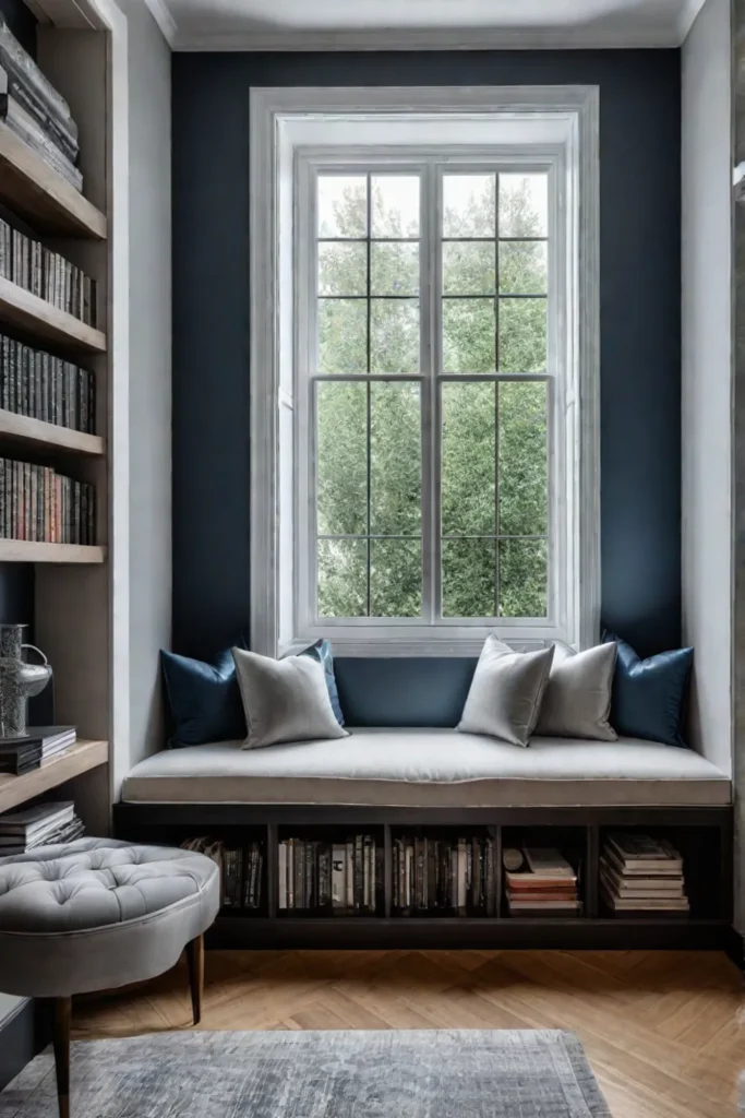 Window seat reading nook with builtin bookshelves