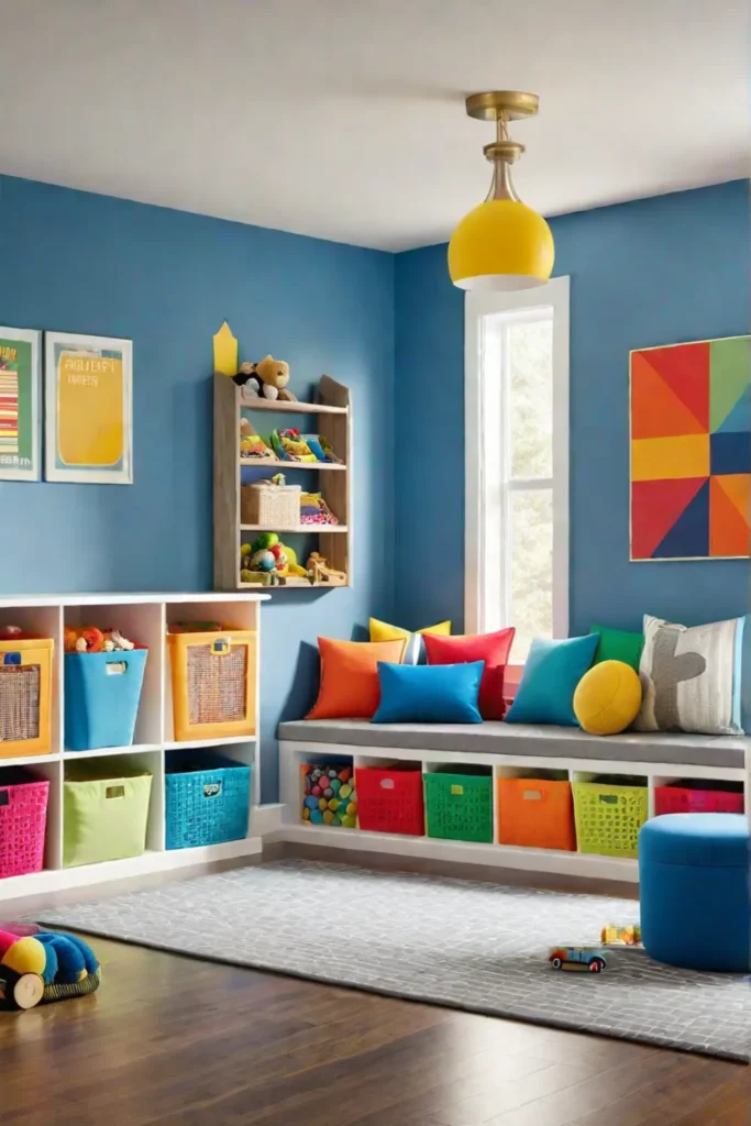 Window seat with toy storage in a childs playroom