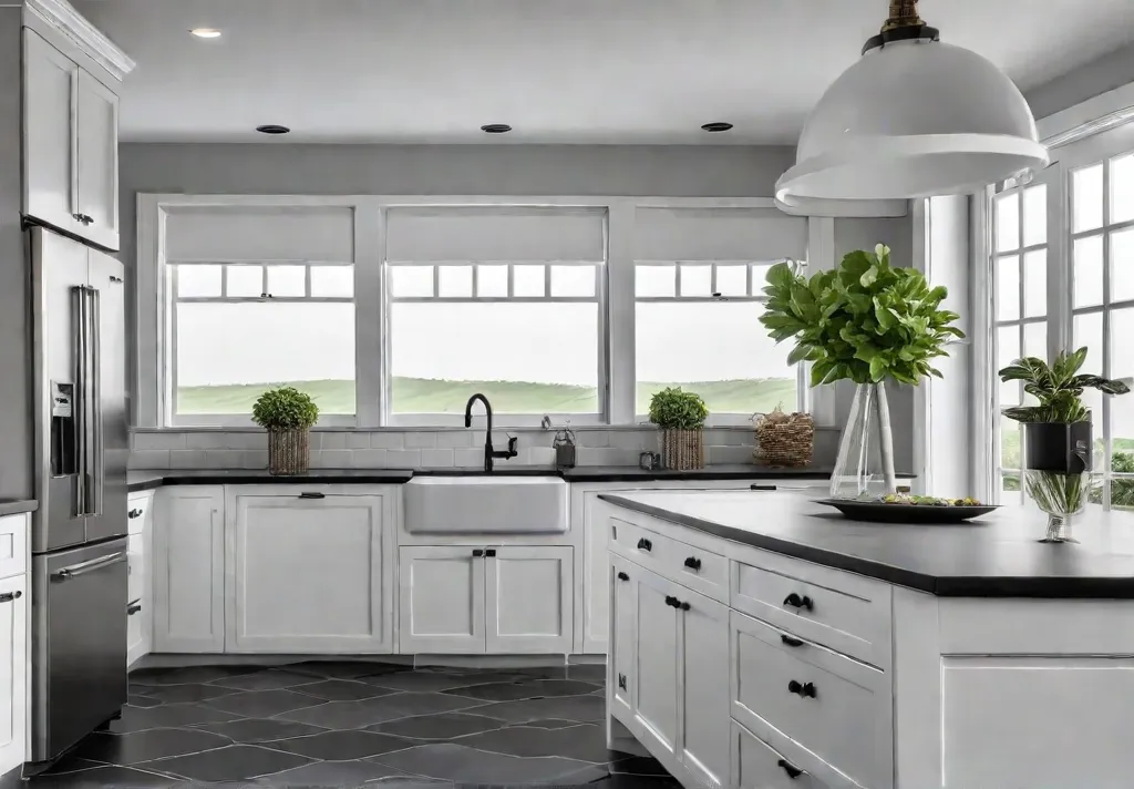 A brightly lit modern farmhouse kitchen with large windows showcasing a lushfeat