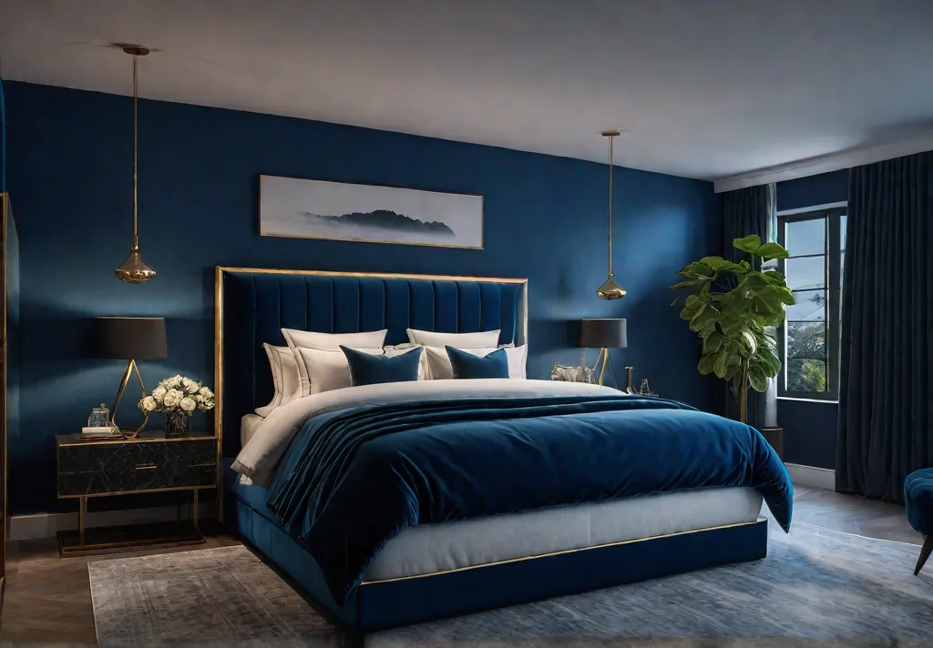 A luxurious bedroom with deep blue walls a plush velvet headboard andfeat