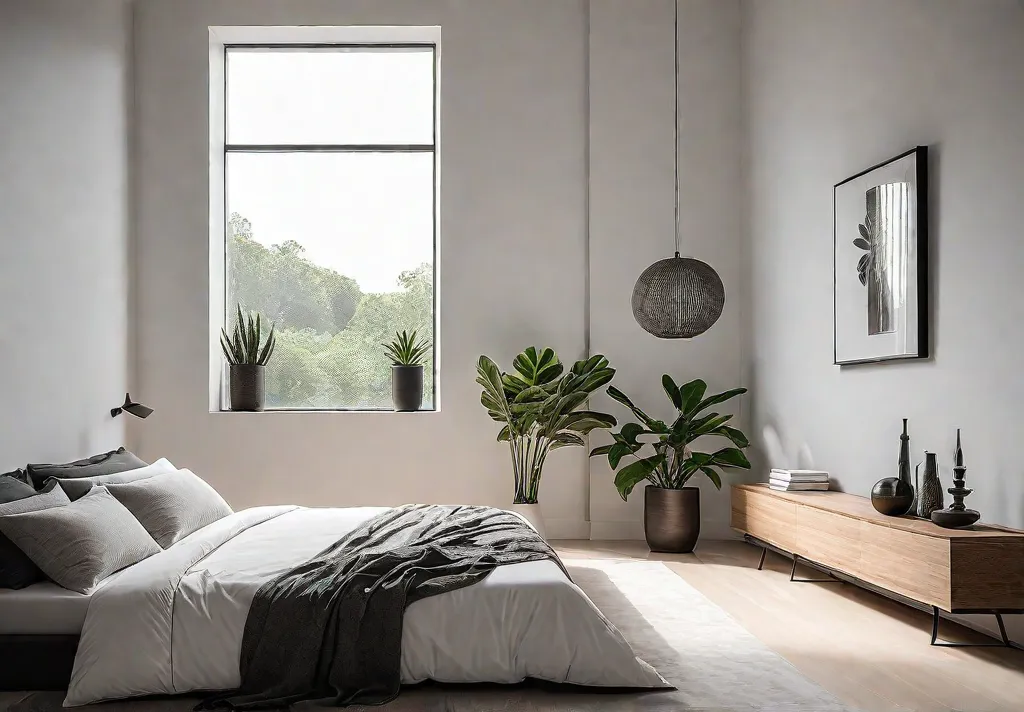 A minimalist bedroom with a calming color palette of white gray andfeat