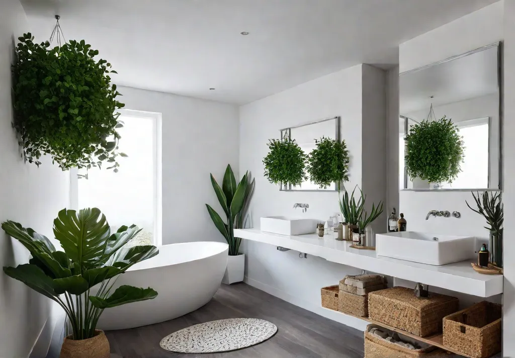 A small bathroom flooded with natural light featuring wallmounted shelves with plantsfeat