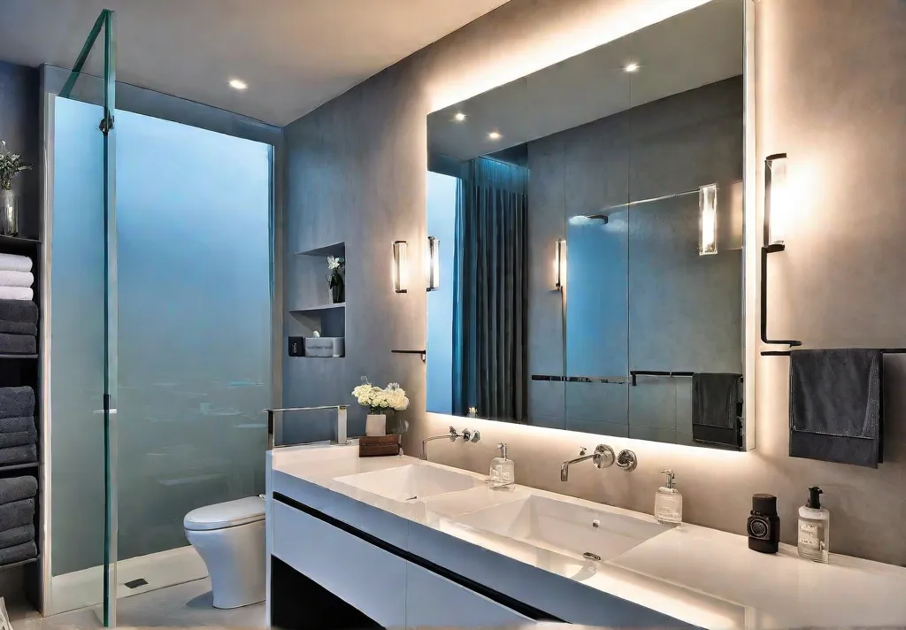 A small bathroom with a large stylish mirror above the sink thatfeat