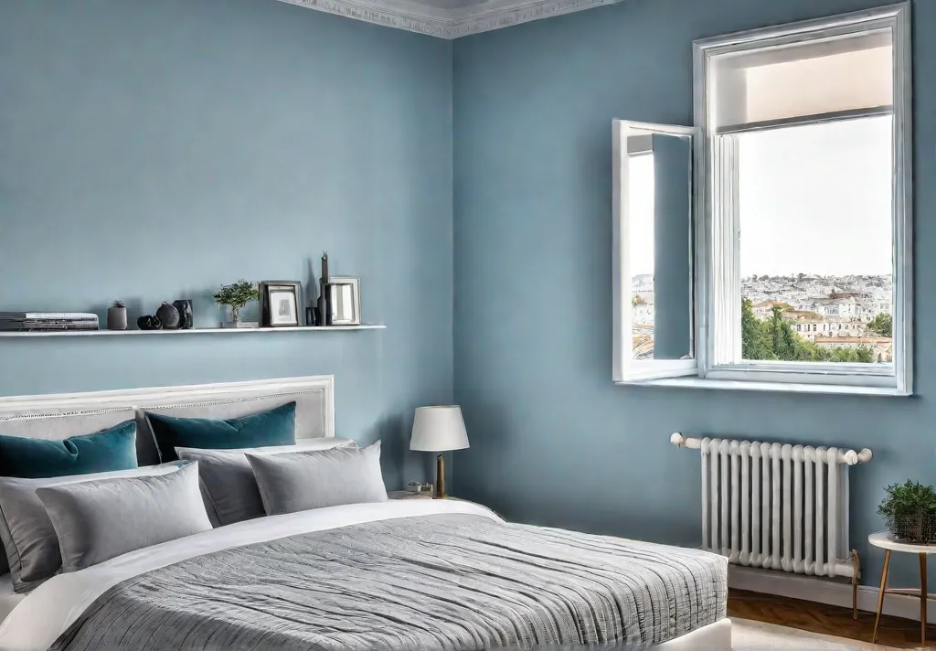 A small bedroom with light blue walls white furniture and a largefeat