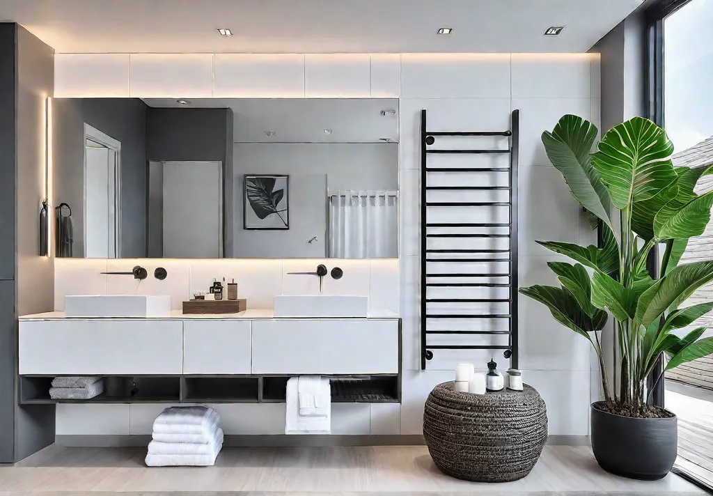 A small modern bathroom with bright white tiles showcasing clever vertical storagefeat