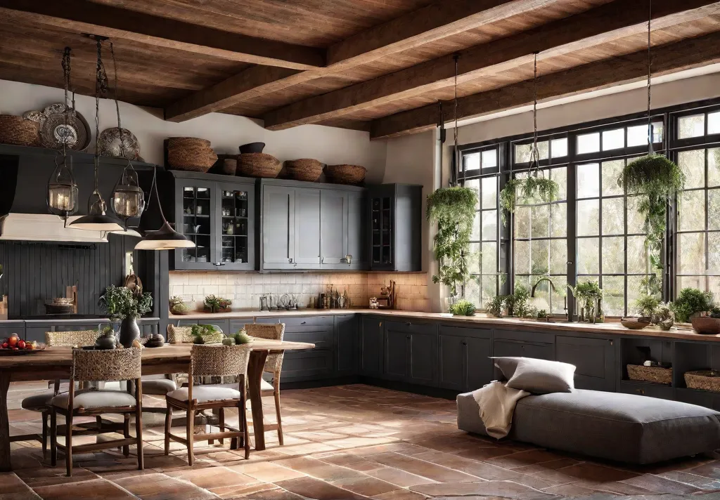 A sundrenched farmhouse kitchen with wood beams open shelving filled with potteryfeat