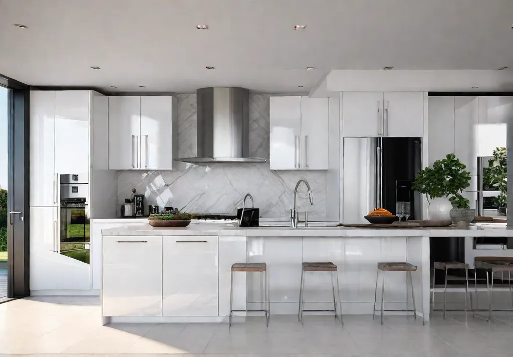 A sundrenched kitchen with white cabinets stainless steel appliances and a stylishfeat