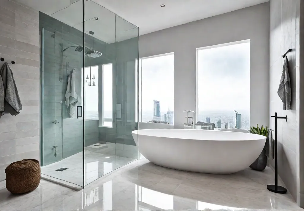 A sundrenched small bathroom with large lightcolored tiles on the walls andfeat