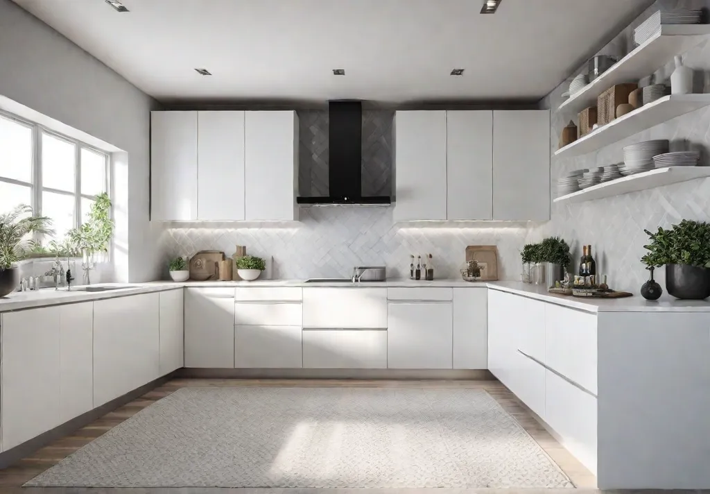 A sundrenched small kitchen with white cabinets and a light gray countertopfeat