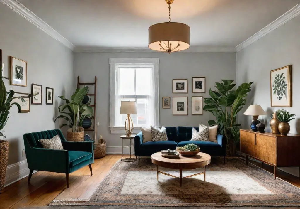 A sunlit living room furnished with a mix of thrifted furniture includingfeat