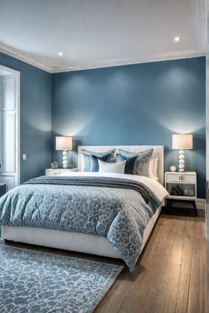 Airy bedroom with light blue walls