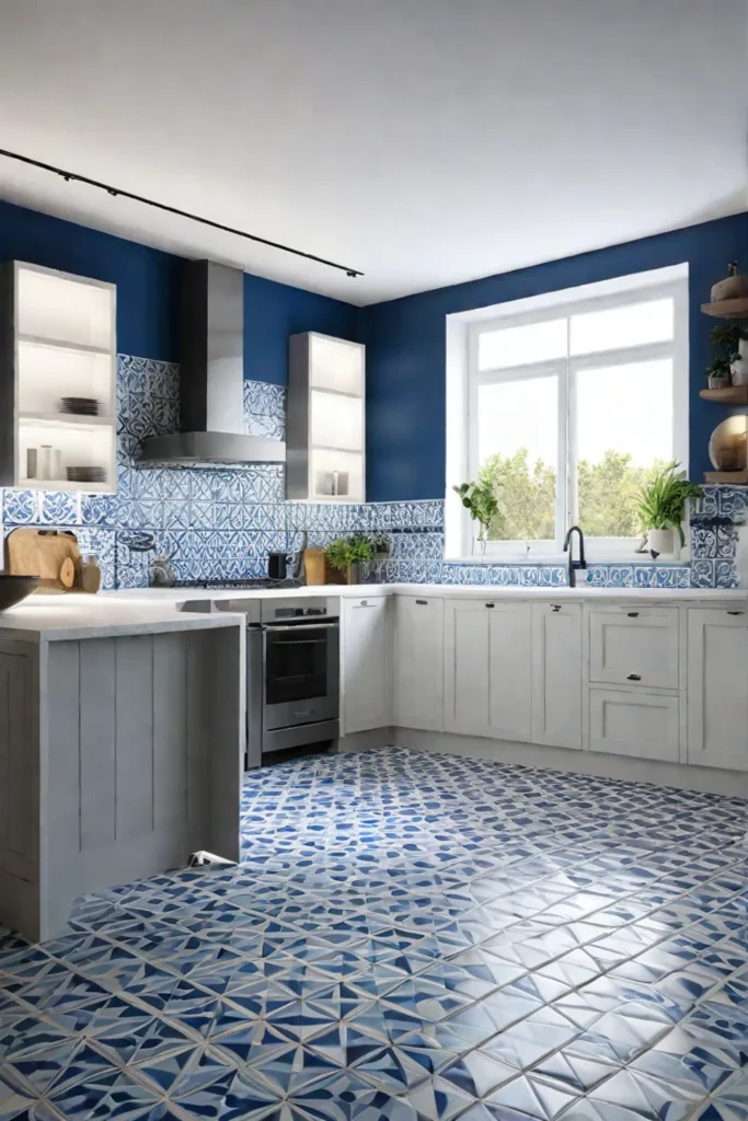 Airy kitchen with patterned tile floor