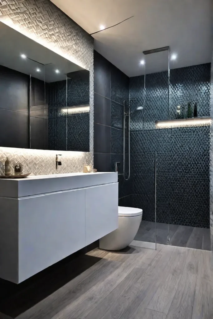 Bathroom with mirror highlighting design features