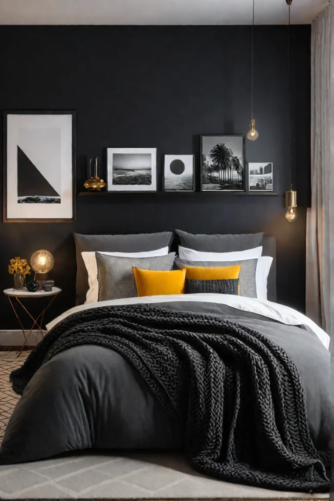 Black and white bedroom with pops of color