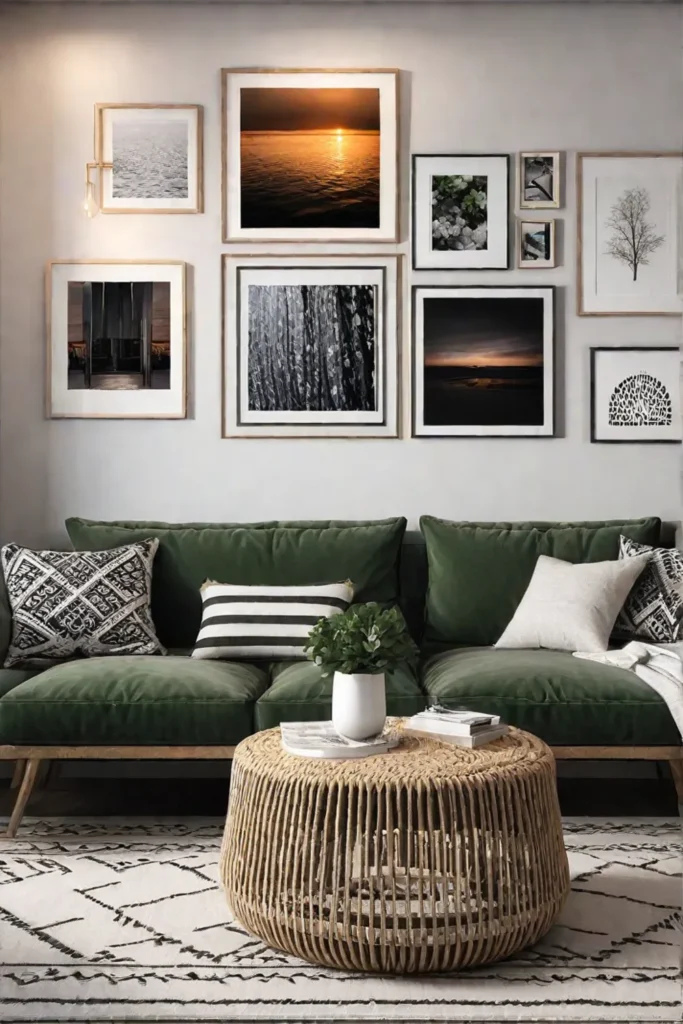 Bohemian living room with eclectic gallery wall and woven textures