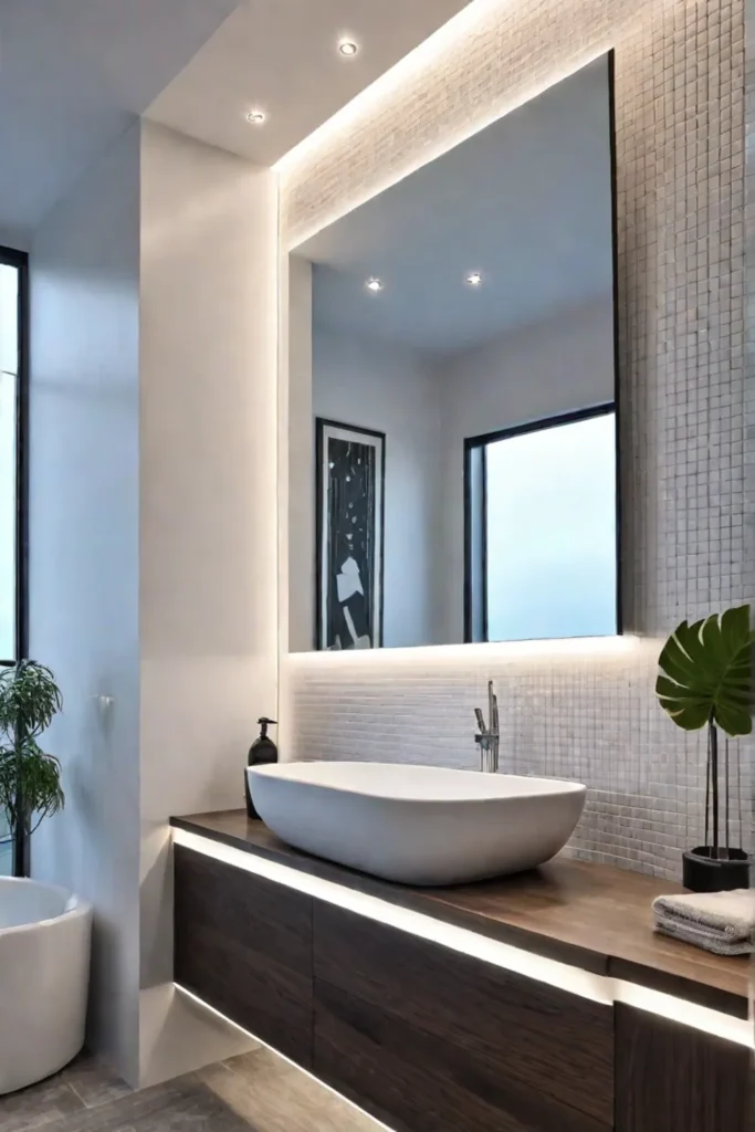 Bright and airy small bathroom with strategically placed mirror