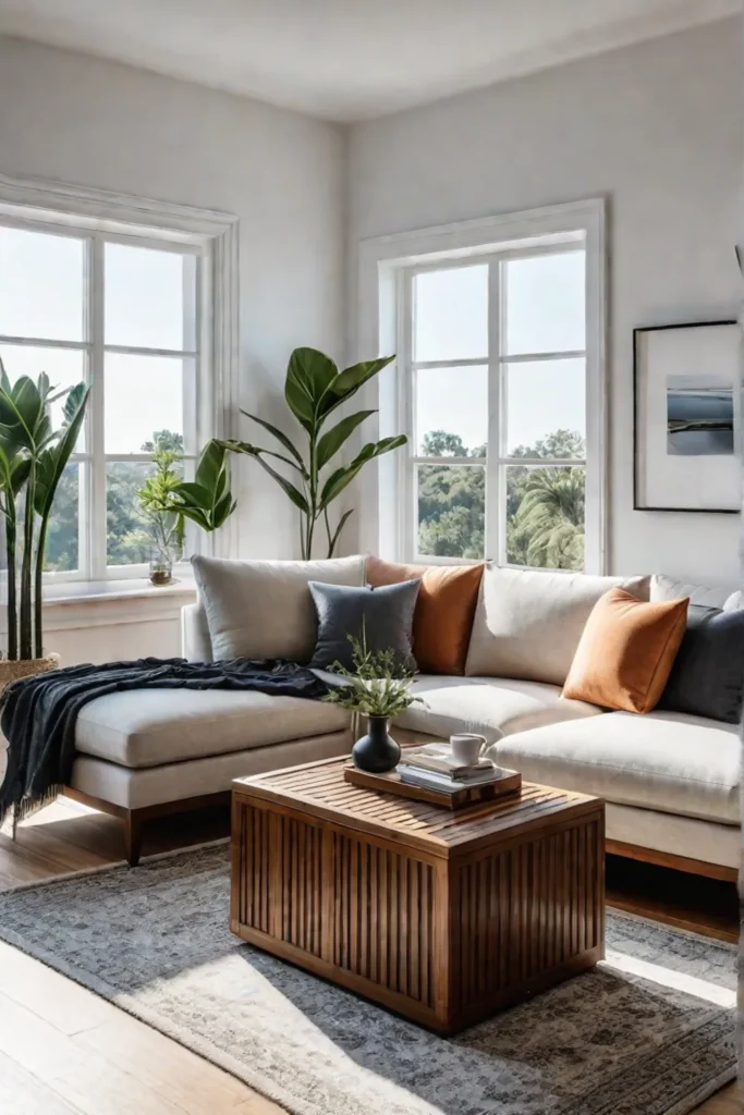 Bright and airy small living room with sofa bed