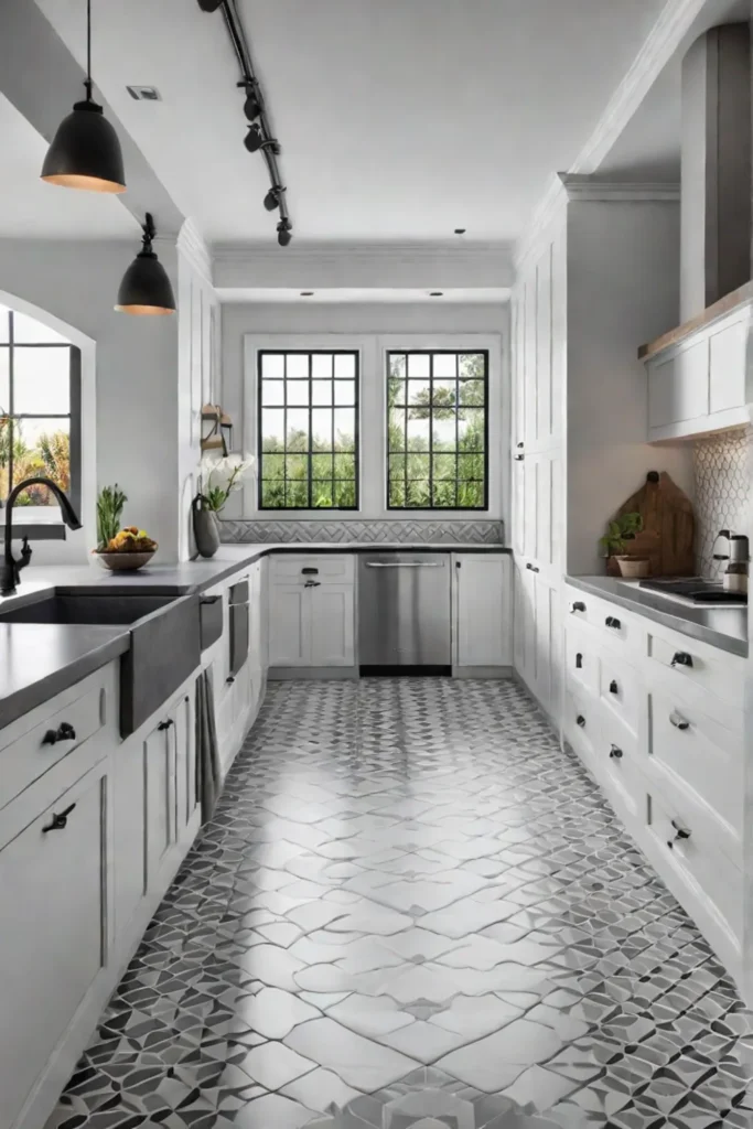 Bright kitchen with tile flooring that can handle heavy foot traffic