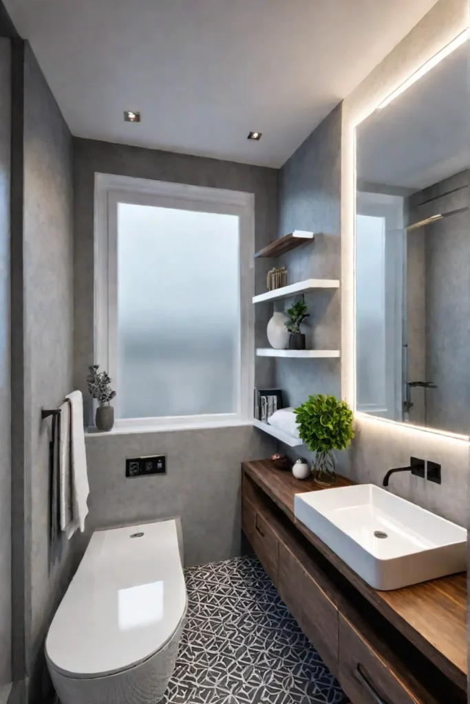 Bright small bathroom with mirror reflecting light