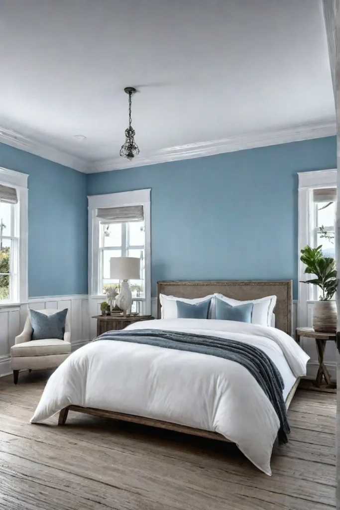 Coastal bedroom with light blue walls