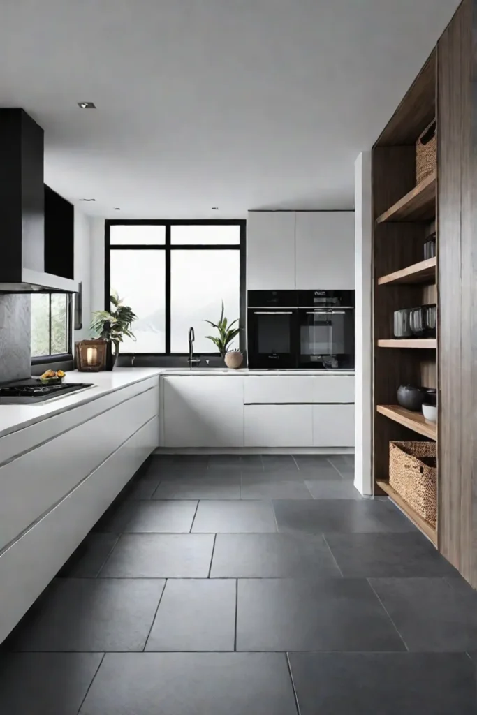 Contemporary kitchen with durable slate tile flooring