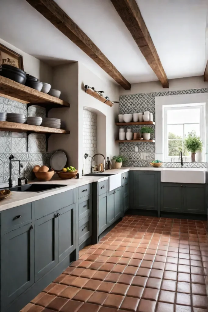 Cozy kitchen with durable tile flooring and vintage accents