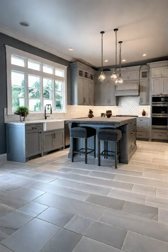 Detail shot of tile flooring with precise grout lines and trim work